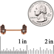 Load image into Gallery viewer, 9/16 Aqua Gem Rose Gold Tone Hamsa Hand Barbell Nipple Ring Set