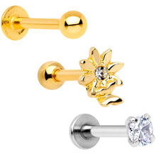 Load image into Gallery viewer, 16G 1/4 Clear Gem Gold Tone Flower Cartilage Tragus Set of 3
