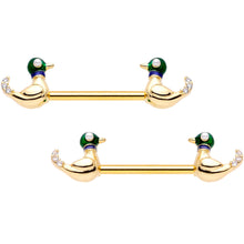 Load image into Gallery viewer, 14G 9/16 Clear Gem Gold Tone Just Ducky Barbell Nipple Ring Set