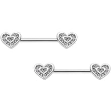Load image into Gallery viewer, 14G 5/8 Clear Gem Wrapped Hearts Barbell Nipple Ring Set