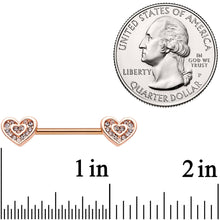 Load image into Gallery viewer, 5/8 Clear Gem Rose Gold Tone Wrapped Hearts Barbell Nipple Ring Set