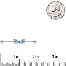 Load image into Gallery viewer, 14G Blue Gem Dazzling Lacework Dragonfly Industrial Barbell 38mm
