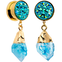 Load image into Gallery viewer, Blue Faux Druzy Quartz Gold Tone Dangle Screw Fit Plug Set 8mm to 16mm