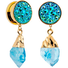 Load image into Gallery viewer, Blue Faux Druzy Quartz Gold Tone Dangle Screw Fit Plug Set 8mm to 16mm