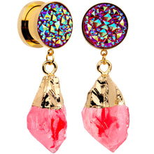 Load image into Gallery viewer, Pink Faux Druzy Quartz Gold Tone Dangle Screw Fit Plug Set 8mm to 16mm