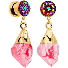 Load image into Gallery viewer, Pink Faux Druzy Quartz Gold Tone Dangle Screw Fit Plug Set 8mm to 16mm