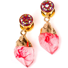 Load image into Gallery viewer, Pink Faux Druzy Quartz Gold Tone Dangle Screw Fit Plug Set 8mm to 16mm