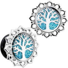 Load image into Gallery viewer, Blue Glitter Inlay Tree of Life Single Flare Plug Set 6mm to 20mm