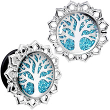 Load image into Gallery viewer, Blue Glitter Inlay Tree of Life Single Flare Plug Set 6mm to 20mm