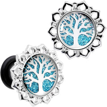 Load image into Gallery viewer, Blue Glitter Inlay Tree of Life Single Flare Plug Set 6mm to 20mm