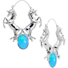 Load image into Gallery viewer, Blue Faux Opal Leaping Unicorns Tunnel Plug Earrings
