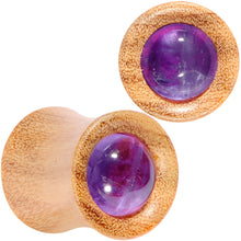 Load image into Gallery viewer, Purple CZ Gem Olive Wood Natural Beauty Saddle Plug Set 5mm to 25mm
