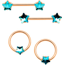 Load image into Gallery viewer, 14G Blue Gem Star Rose Gold Tone BCR Barbell Nipple Ring Set