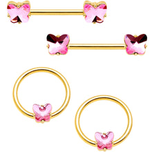 Load image into Gallery viewer, 14G Pink Gem Butterfly Gold Tone BCR Barbell Nipple Ring Set