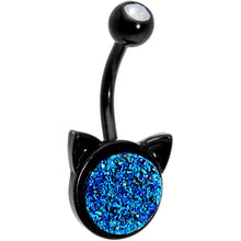 Load image into Gallery viewer, Clear Gem Blue Faux Druzy Quartz Black Here Pretty Kitty Cat Belly Ring