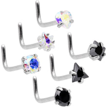 Load image into Gallery viewer, 20G 5/16 Aurora Black Gem Variety L Shaped Nose Ring 6 Pack Set