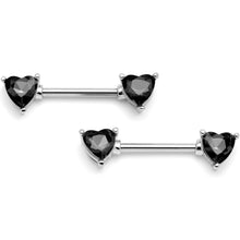Load image into Gallery viewer, 14G 9/16 Black Gem Hearts of Love Barbell Nipple Ring Set