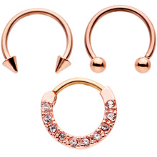 Load image into Gallery viewer, 16G 3/8 Clear Gem Rose Gold Tone Hinged Circular Ring Set