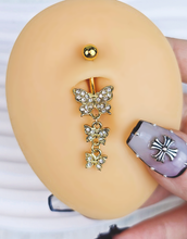 Load image into Gallery viewer, Clear Gem Gold Tone Flight Of Butterflies Dangle Belly Ring
