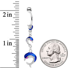 Load image into Gallery viewer, Purple Gem Blue Glitter Dolphins Dangle Belly Ring