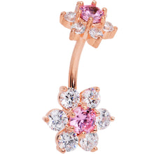 Load image into Gallery viewer, Pink Clear CZ Gem Rose Gold Tone Double Flower Delight Double Mount Belly Ring
