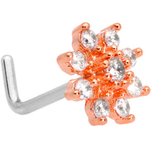 Load image into Gallery viewer, 20G 1/4 Clear CZ Gem Rose Gold Tone Flower L Shaped Nose Ring