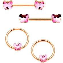 Load image into Gallery viewer, 14G Pink Gem Butterfly Rose Gold Hue BCR Barbell Nipple Ring Set