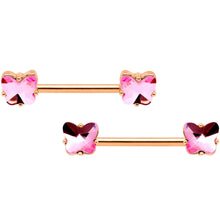 Load image into Gallery viewer, 14G Pink Gem Butterfly Rose Gold Hue BCR Barbell Nipple Ring Set