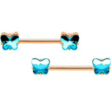 Load image into Gallery viewer, 14G Blue Gem Butterfly Rose Gold Hue BCR Barbell Nipple Ring Set