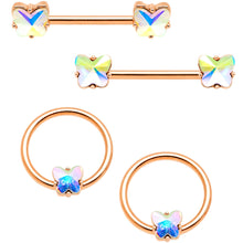 Load image into Gallery viewer, 14G Aurora Gem Rose Gold Hue Butterfly BCR Barbell Nipple Rings