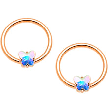 Load image into Gallery viewer, 14G Aurora Gem Rose Gold Hue Butterfly BCR Barbell Nipple Rings