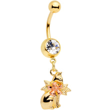 Load image into Gallery viewer, Clear Gem Gold Tone Kitty Cat With A Corsage Dangle Belly Ring