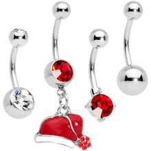 Load image into Gallery viewer, Clear Red Gem Holiday Santas Cap Christmas Dangle Belly Ring Set of 4