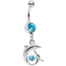 Load image into Gallery viewer, Aqua CZ Gem Abstract Dancing Dolphin Dangle Belly Ring