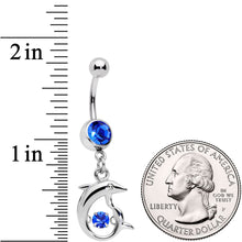 Load image into Gallery viewer, Blue CZ Gem Abstract Dancing Dolphin Dangle Belly Ring