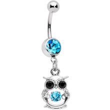 Load image into Gallery viewer, Black Aqua CZ Gem It's A Hoot Owl Dangle Belly Ring