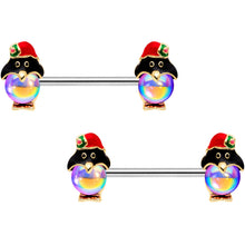 Load image into Gallery viewer, 14G 9/16 Iridescent Holiday Penguin Barbell Nipple Ring Set