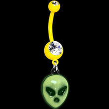 Load image into Gallery viewer, Clear Gem Yellow Glow in the Dark Grumpy Alien Dangle Belly Ring