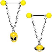 Load image into Gallery viewer, 14G 9/16 Yellow Glow Alien Saturn Dangle Barbell Nipple Ring Set