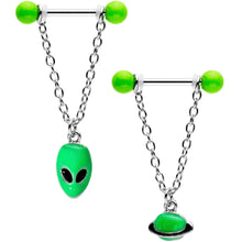 Load image into Gallery viewer, 14G 9/16 Glow Alien Saturn Dangle Barbell Nipple Ring Set