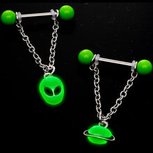 Load image into Gallery viewer, 14G 9/16 Glow Alien Saturn Dangle Barbell Nipple Ring Set