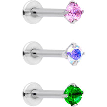 Load image into Gallery viewer, 16G 3/8 Pink Aurora Green Round CZ Gem Labret Tragus Set of 3