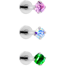 Load image into Gallery viewer, 16G 3/8 Pink Aurora Green Round CZ Gem Labret Tragus Set of 3