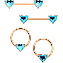 Load image into Gallery viewer, 14G Aqua Gem Heart Rose Gold Tone BCR Barbell Nipple Ring Set of 4