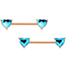 Load image into Gallery viewer, 14G Aqua Gem Heart Rose Gold Tone BCR Barbell Nipple Ring Set of 4