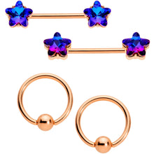 Load image into Gallery viewer, 14G Dk Blue Gem Star Rose Gold Hue BCR Barbell Nipple Ring Set