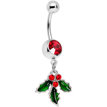 Load image into Gallery viewer, Red Gem Holiday Hangout Holly Leaves Dangle Belly Ring