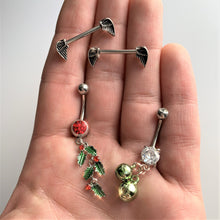 Load image into Gallery viewer, Red Gem Happy Holiday Cascade Of Holly Dangle Belly Ring