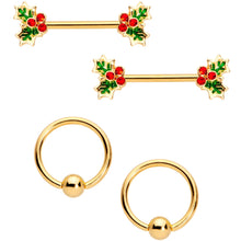 Load image into Gallery viewer, 14G Red Gem Gold Tone Holly BCR Barbell Nipple Ring Set of 4
