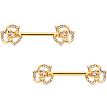 Load image into Gallery viewer, 14G 9/16 Clear Gem Gold Tone Full Flower Barbell Nipple Ring Set